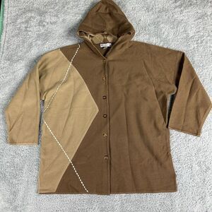 August Max Woman Retro Color Blocked Wool Button Up Sweater 1X Hooded Brown Tan